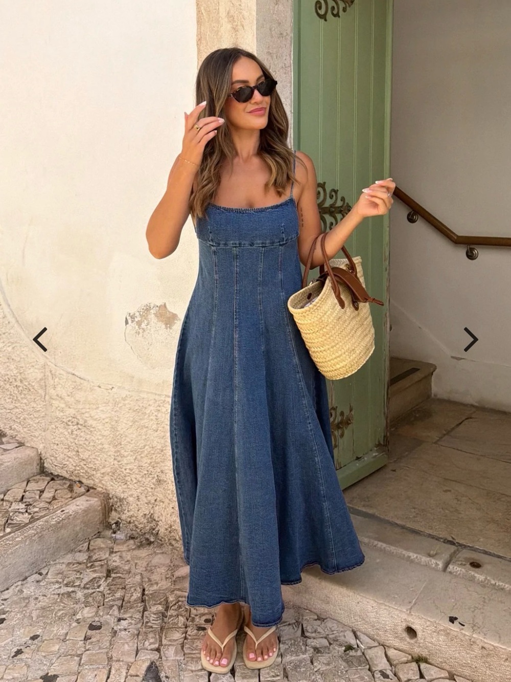 Stitch + feather denim “Lesley” midi dress
